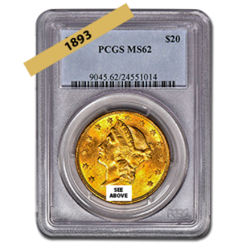 Picture of 1893 $20 Gold Liberty Double Eagle Coin MS62 