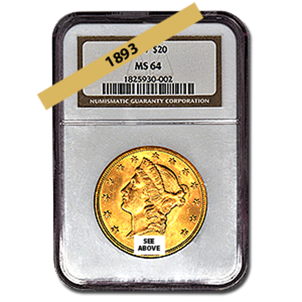 Picture of 1893 $20 Gold Liberty Double Eagle Coin MS64 