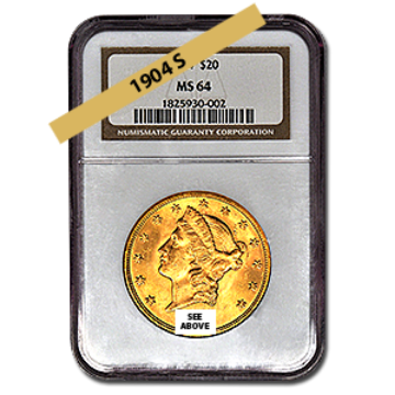Picture of 1904S $20 Gold Liberty Double Eagle Coin MS64 
