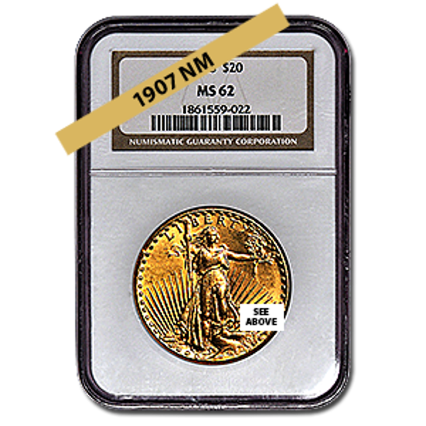 Picture of 1907NM $20 Gold Saint Gaudens Double Eagle Coin MS62 