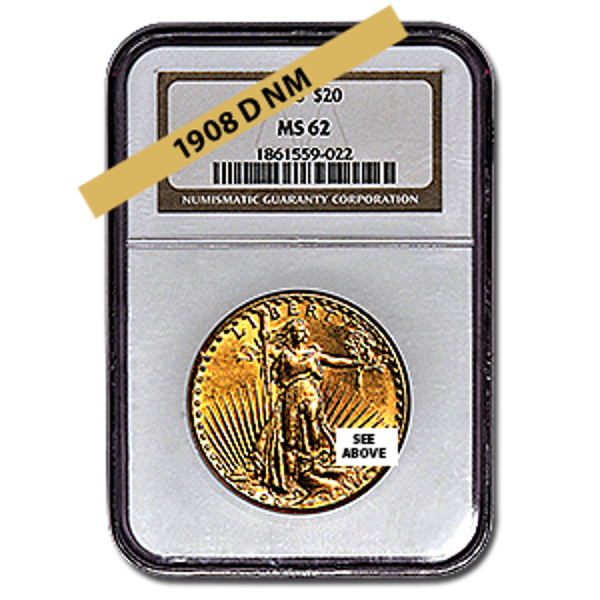 Picture of 1908DNM $20 Gold Saint Gaudens Double Eagle Coin MS62 