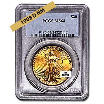 Picture of 1908DNM $20 Gold Saint Gaudens Double Eagle Coin MS64 