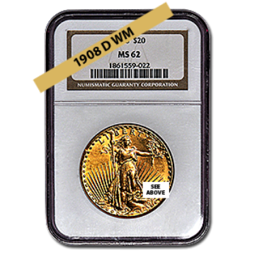 Picture of 1908DWM $20 Gold Saint Gaudens Double Eagle Coin MS62 
