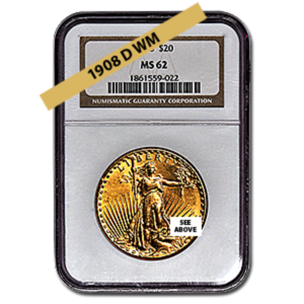Picture of 1908DWM $20 Gold Saint Gaudens Double Eagle Coin MS62 