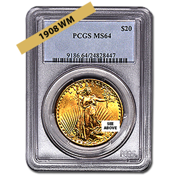 Picture of 1908NM $20 Gold Saint Gaudens Double Eagle Coin MS64 