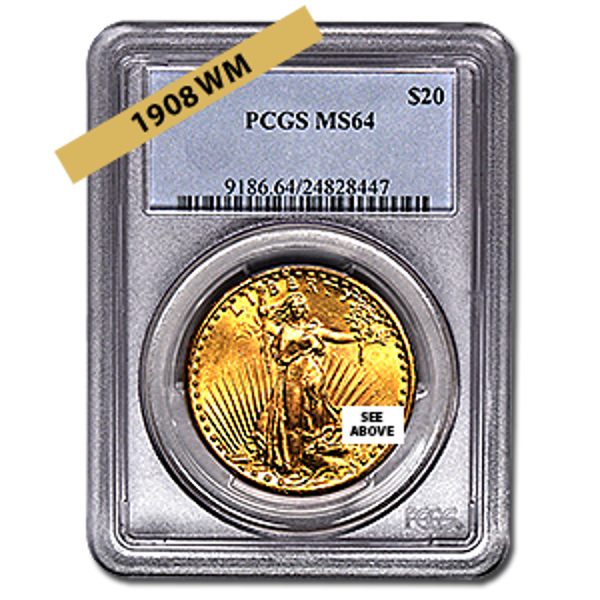 Picture of 1908NM $20 Gold Saint Gaudens Double Eagle Coin MS64 