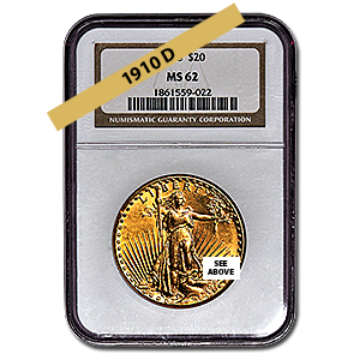 Picture of 1910D $20 Gold Saint Gaudens Double Eagle Coin MS62 