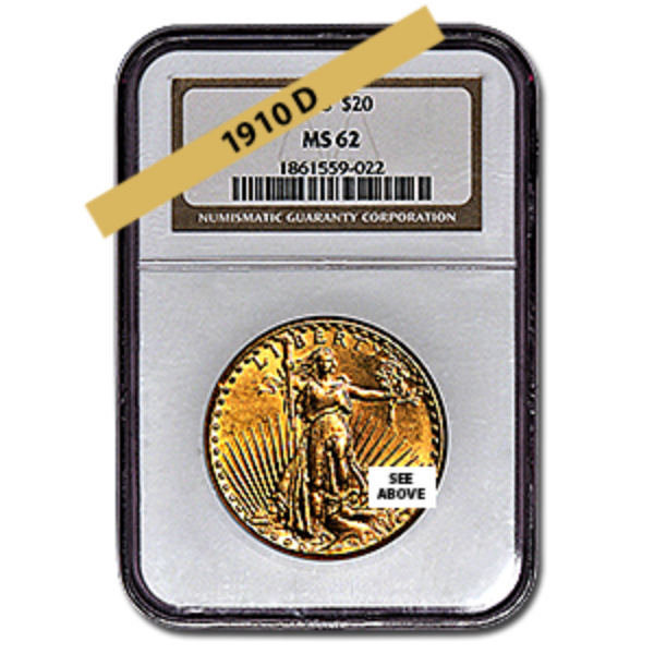Picture of 1910D $20 Gold Saint Gaudens Double Eagle Coin MS62 