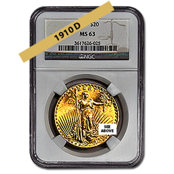 Picture of 1910D $20 Gold Saint Gaudens Double Eagle Coin MS63 