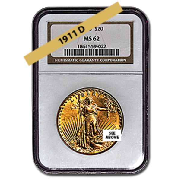 Picture of 1911D $20 Gold Saint Gaudens Double Eagle Coin MS62 