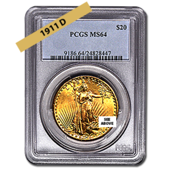 Picture of 1911D $20 Gold Saint Gaudens Double Eagle Coin MS64 