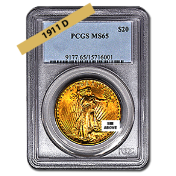 Picture of 1911D $20 Gold Saint Gaudens Double Eagle Coin MS65 