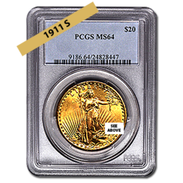 Picture of 1911S $20 Gold Saint Gaudens Double Eagle Coin MS64 