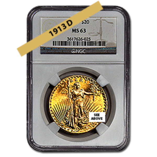 Picture of 1913D $20 Gold Saint Gaudens Double Eagle Coin MS63 