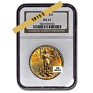 Picture of 1915S $20 Gold Saint Gaudens Double Eagle Coin MS62 