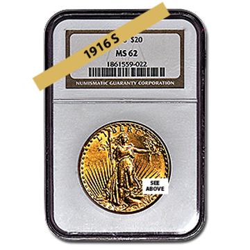 Picture of 1916S $20 Gold Saint Gaudens Double Eagle Coin MS62 