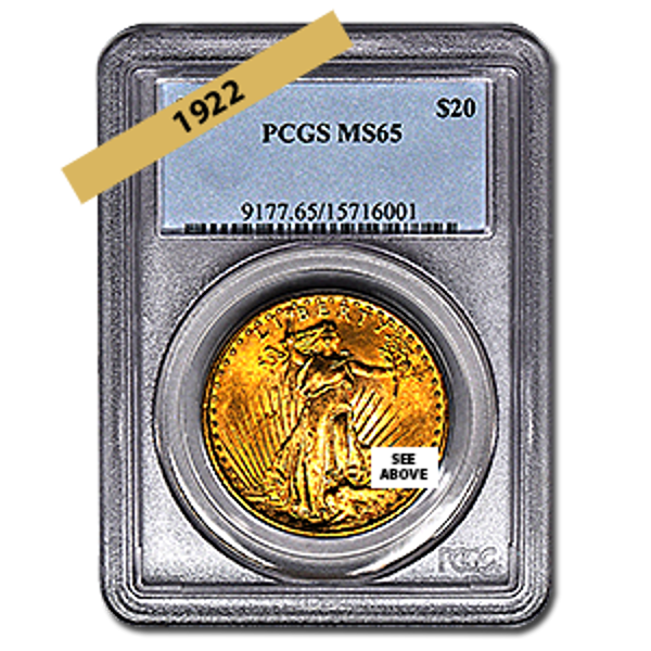 Picture of 1922 $20 Gold Saint Gaudens Double Eagle Coin MS65 