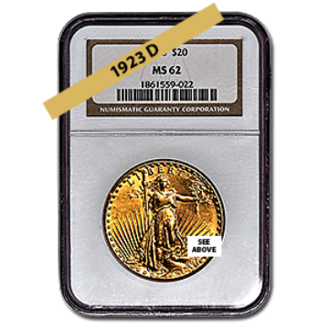 Picture of 1923D $20 Gold Saint Gaudens Double Eagle Coin MS62 *
