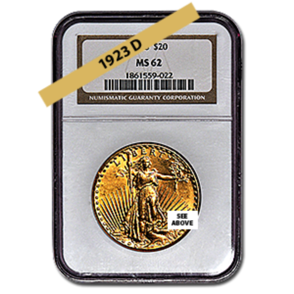 Picture of 1923D $20 Gold Saint Gaudens Double Eagle Coin MS62 *