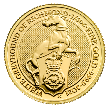 2021 1/4 oz british gold queen’s beast white greyhound coin, gold bullion, gold coin, gold bullion coin