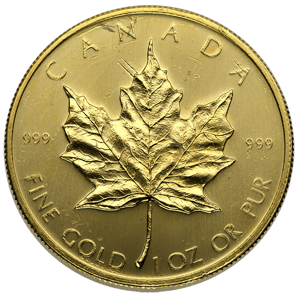 1 oz canadian gold maple leaf coin, .999 pure gold, scuffed random year, gold bullion, gold coin, gold bullion coin