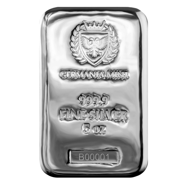 5 oz germania mint cast silver bar, silver bullion, silver bar, silver bullion bar