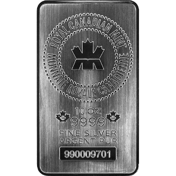 10 oz rcm royal canadian mint silver bar, silver bullion, silver bar, silver bullion bar